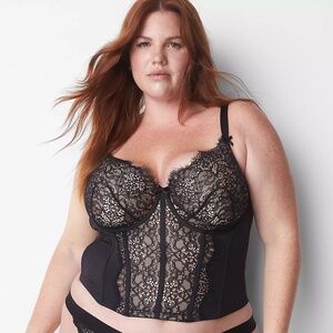 Cacique Lane Bryant Plus Size Eyelash Lace Longline Corset Top Bustier Blk 46DD